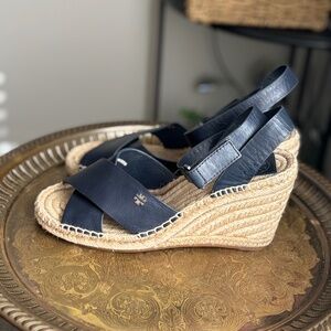 Tory Burch navy blue leather espadrille wedge size 8.5